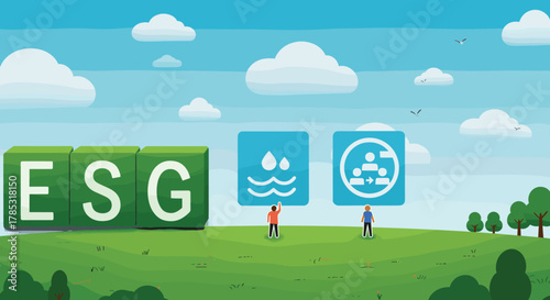 ESG concept illustration, green sustainability landscape, environmental responsibility, corporate governance, water conservation, eco management, clean future, ethical business growth