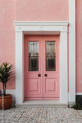 Portrait of pink door on white wall background, beautiful architecture aesthetic concept