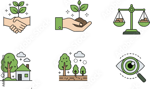Sustainable environment concept icons, eco friendly lifestyle, renewable energy, green growth, balance, nature protection, home sustainability, ecological awareness illustration