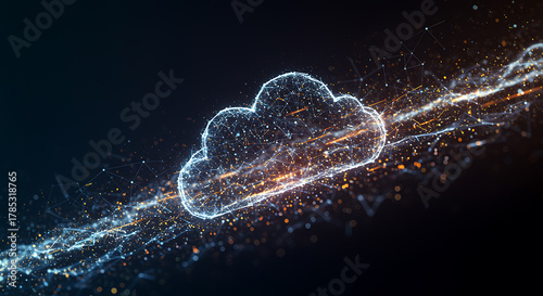 A stylized cloud symbol made of glowing particles floats in a dark space, representing cloud computing, data storage, and digital connectivity in a modern technological context