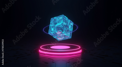Abstract glowing cube with digital patterns floating above a neon platform, symbolizing futuristic technology, data processing, and innovative design in a dark setting