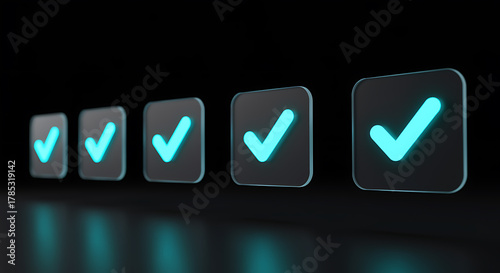 A series of glowing check marks in dark squares, symbolizing task completion, approval, and validation, set against a dark background, conveying a sense of success and confirmation