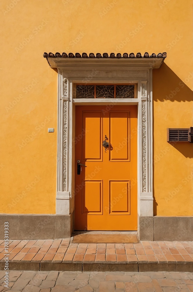 Fototapeta premium Portrait of orange door on yellow wall background, beautiful architecture aesthetic concept