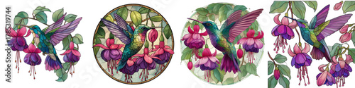 Vibrant watercolor hummingbird collection gracefully sipping nectar from fuchsia blossoms, perfect for elegant stationery, whimsical art prints, or captivating botanical designs