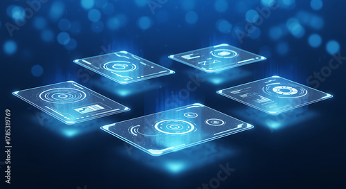 Futuristic technology interface with glowing digital icons representing various data points, creating a visually dynamic and interconnected network on a dark blue background