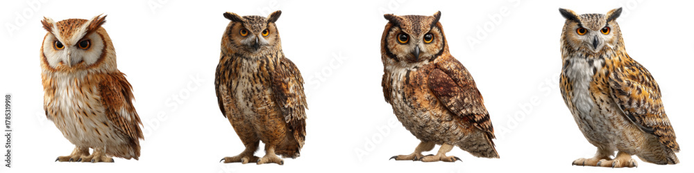 Fototapeta premium Four captivating owls, each a unique feathered friend, perfect for nature enthusiasts, wildlife projects, and educational materials, showcasing avian beauty