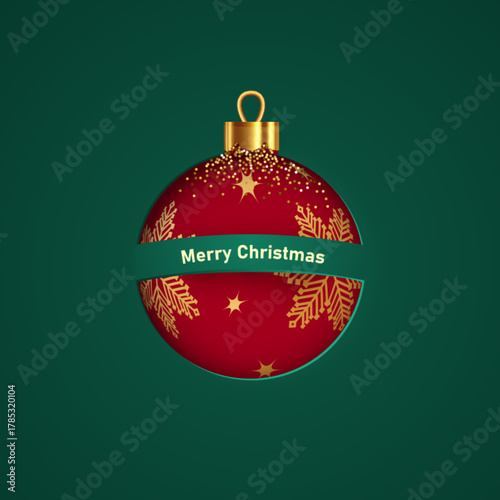 Merry Christmas and Happy New Year. Paper cut and embossed design featuring a red Christmas ornament with green background accents. Christmas ball. Vector illustration.