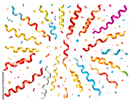 Colorful Confetti and Streamers Exploding on a White Background.