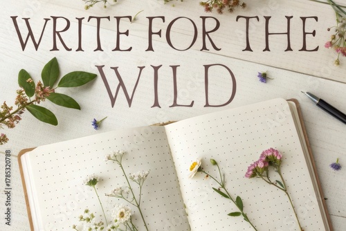 Open journal with tiny pressed flowers arranged flat on a wooden table