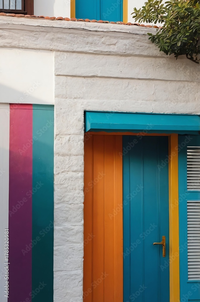 Fototapeta premium Portrait of colorful door on white wall background, beautiful architecture aesthetic concept