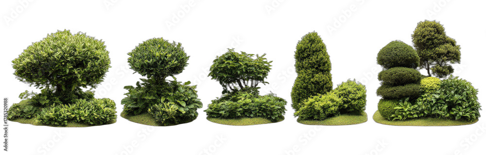 Fototapeta premium Various neatly trimmed green topiary plants in a row