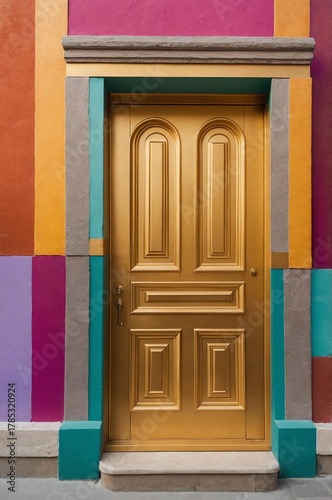Portrait of gold door on colorful wall background, beautiful architecture aesthetic concept