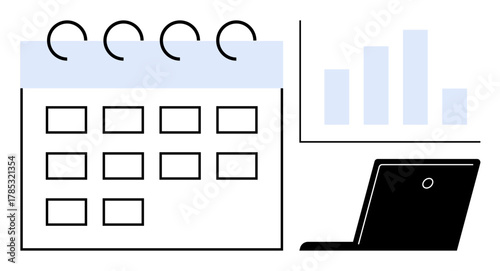 Calendar with highlighted header, bar graph chart, and laptop in minimal style. Ideal for schedule, data analysis, workflow, time management, productivity planning organization. Simple flat