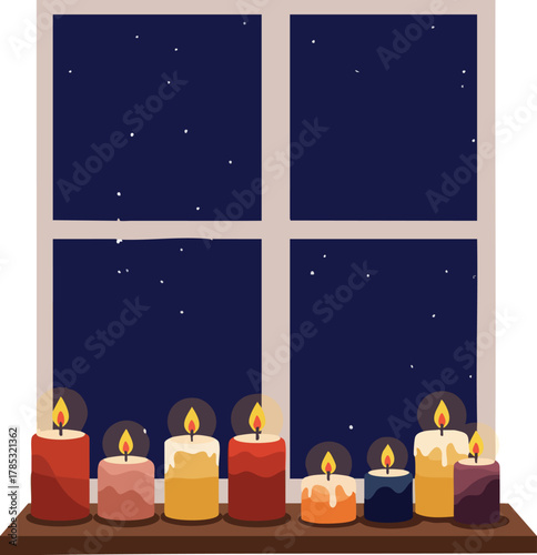 A 2D flat illustration of multiple candles burning on a windowsill at night, with a starry sky outside, celebrating World Candle Day.