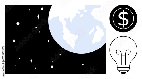 Planet Earth amidst stars, dollar icon, and lightbulb symbolizing global economy, technology, creativity, sustainability, innovation, progress and growth concepts. Ideal for financial tech and eco