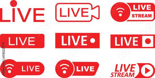 Live streaming red icon set. online stream icons. social media channel. broadcasting buttons