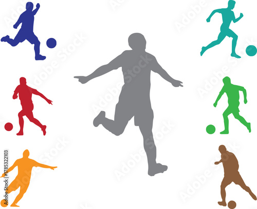Colorful Football (Soccer) Players Silhouettes Header or Banner Vector, Football Players Icon Set, Dynamic Athlete Silhouettes Illustration, Soccer Action Poses Vector Collection, 