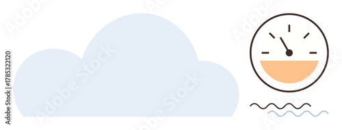 Large cloud shape beside a gauge measuring levels, with wavy lines below. Ideal for climate control, performance monitoring, data analytics, precision, technology, sustainability, simple flat
