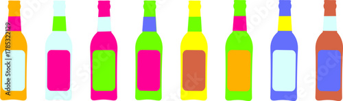 A vibrant, minimalist vector set of eight colorful beverage bottles with blank labels, showcasing a diverse palette from neon brights to muted tones, ideal for packaging mockups, design elements, or r