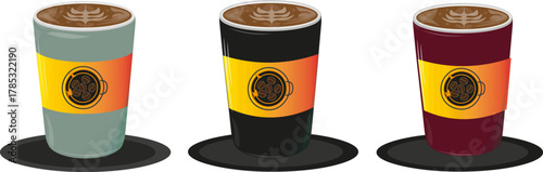 A set of three bright and colorful vector illustrations of takeaway coffee cups, each featuring detailed latte art, a distinctive black/yellow/orange coffee bean cycle logo label, and presented in var