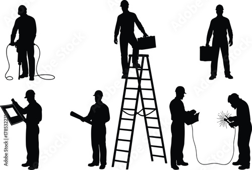 Silhouettes of construction workers, engineers, and tradesmen with tools, including welding, drilling, and blueprint reading, representing labor, building, 