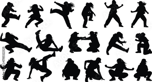 Silhouettes of energetic hip-hop dancers performing dynamic street dance moves, representing breakdancing, youth culture, freedom, urban style, movement, and athletic expression vector set.