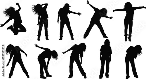 Silhouettes of young people dancing and jumping in dynamic poses, representing freedom, youth, modern dance, energetic lifestyle, expressive movement, and positive attitude vector set.