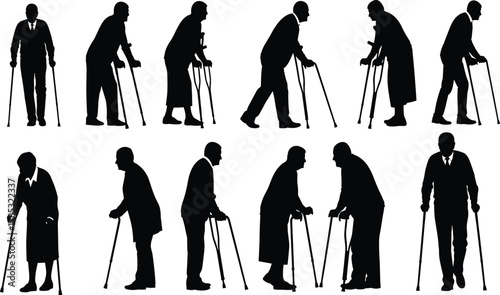 Silhouettes of elderly people with walking canes, showing various positions of senior citizens, representing aging, mobility, disability, and retirement healthcare for the geriatric population.