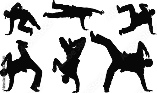 Silhouettes of gymnasts performing dynamic handstands, cartwheels, and acrobatic poses, representing sport, extreme fitness, agility, artistic performance, and physical strength vector collection.