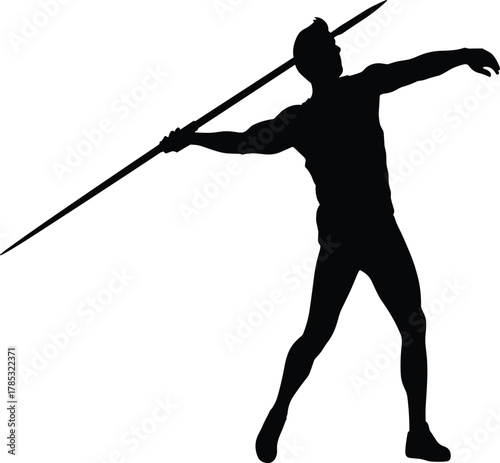 Silhouette of a strong male athlete throwing a javelin, representing Olympic track and field, throwing sport, competition, decathlon, athletic power, and physical strength vector illustration.