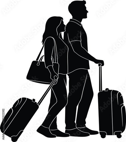Silhouette of an adult couple traveling with suitcases, ready for vacation, adventure, journey, or business trip, representing modern international tourism and holiday departure or arrival.