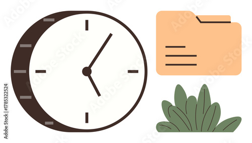 Clock, folder, and foliage symbolize time management, organization, and balance. Ideal for productivity, scheduling, task prioritization work-life balance deadlines resourcefulness. Simple flat