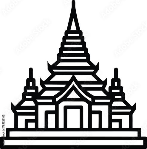 Detailed line art icon of a traditional thai buddhist temple
