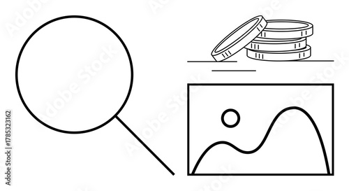 Magnifying glass, coin stack, and rising graph evoke finance, analysis, growth, profitability, and strategic planning. Ideal for business, market research economy savings growth innovation