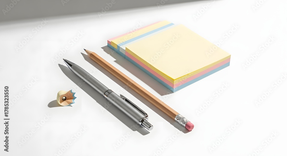 Fototapeta premium A neatly arranged desk with colorful sticky notes, a silver pen, a wooden pencil, and a small decorative bird figurine on a white surface, ideal for office or study environments