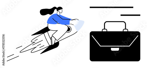 Woman riding a rocket at high speed toward a briefcase representing career, ambitions, growth, success, and determination. Ideal for entrepreneurship, motivation, leadership, innovation business