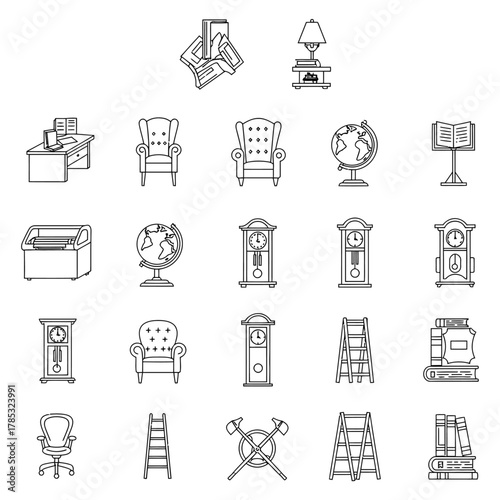 antique furniture icon set featuring armchairs clocks globes and bookshelves in a classic study ideal for illustrating historical design and home decor.