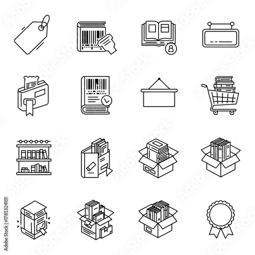 book store icons depicting online book sales showing books in boxes and shopping carts ideal for illustrating e-commerce book sales concepts