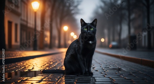 Fototapeta Naklejka Na Ścianę i Meble -  black cat sitting on a wet cobblestone street illuminated by streetlights at night embodying urban mystery and solitude perfect for atmospheric blog posts