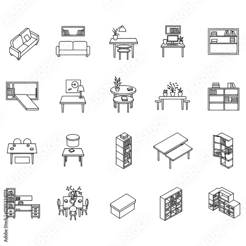 furniture illustration assortment of isometric home furnishings for interior design layouts creating appealing living spaces and decoration themes.