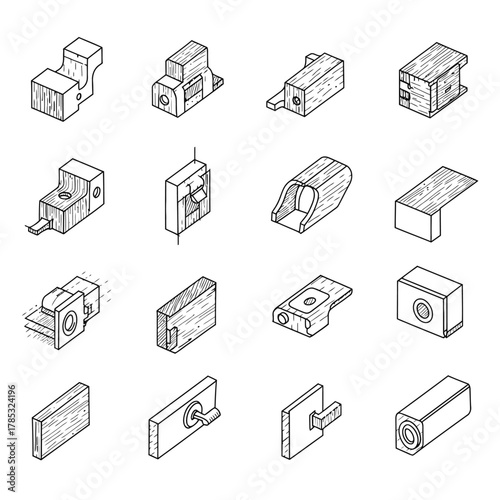 isometric technical drawings depicting woodworking joints for carpentry  construction showcasing design and structural integrity in a detailed illustration