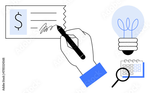 Hand signing check with pen, innovative light bulb for ideas, calendar for planning, magnifying glass for analysis. Ideal for finance, creativity, payment, planning, scheduling analysis