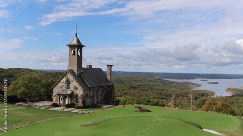 Sunny exterior view of the Chapel of the Ozarks