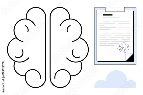 Brain graphic next to signed document and cloud. Ideal for innovation, intellectual property, cloud storage, data security, legal agreements, creativity, digital solutions. Simple flat metaphor