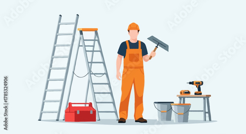 Flat vector illustration of a single faceless construction worker in orange overalls inside a workshop