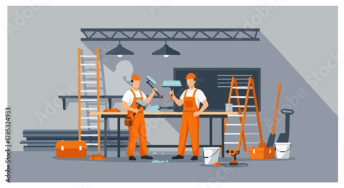 Flat vector illustration of two faceless construction workers in orange overalls inside a workshop