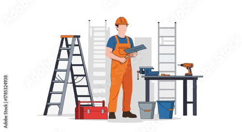 Flat vector illustration of a single faceless construction worker in orange overalls inside a workshop