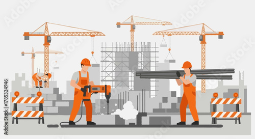 Flat vector illustration in grey and orange palette, faceless construction workers operating at an outdoor building site
