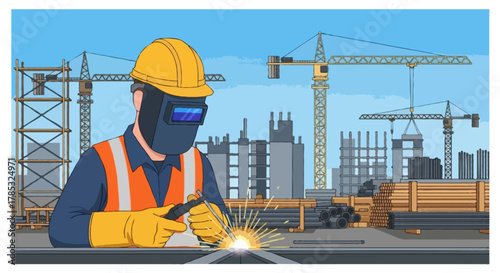 Flat vector illustration of a faceless construction welder working outdoors at a building site
