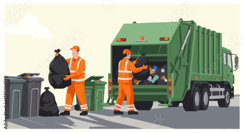Flat vector illustration of two faceless sanitation workers collecting garbage